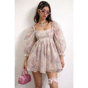 Selkie Floral Pastel Puff Sleeve Babydoll Fairycore Mini Dress  Women's Size XS